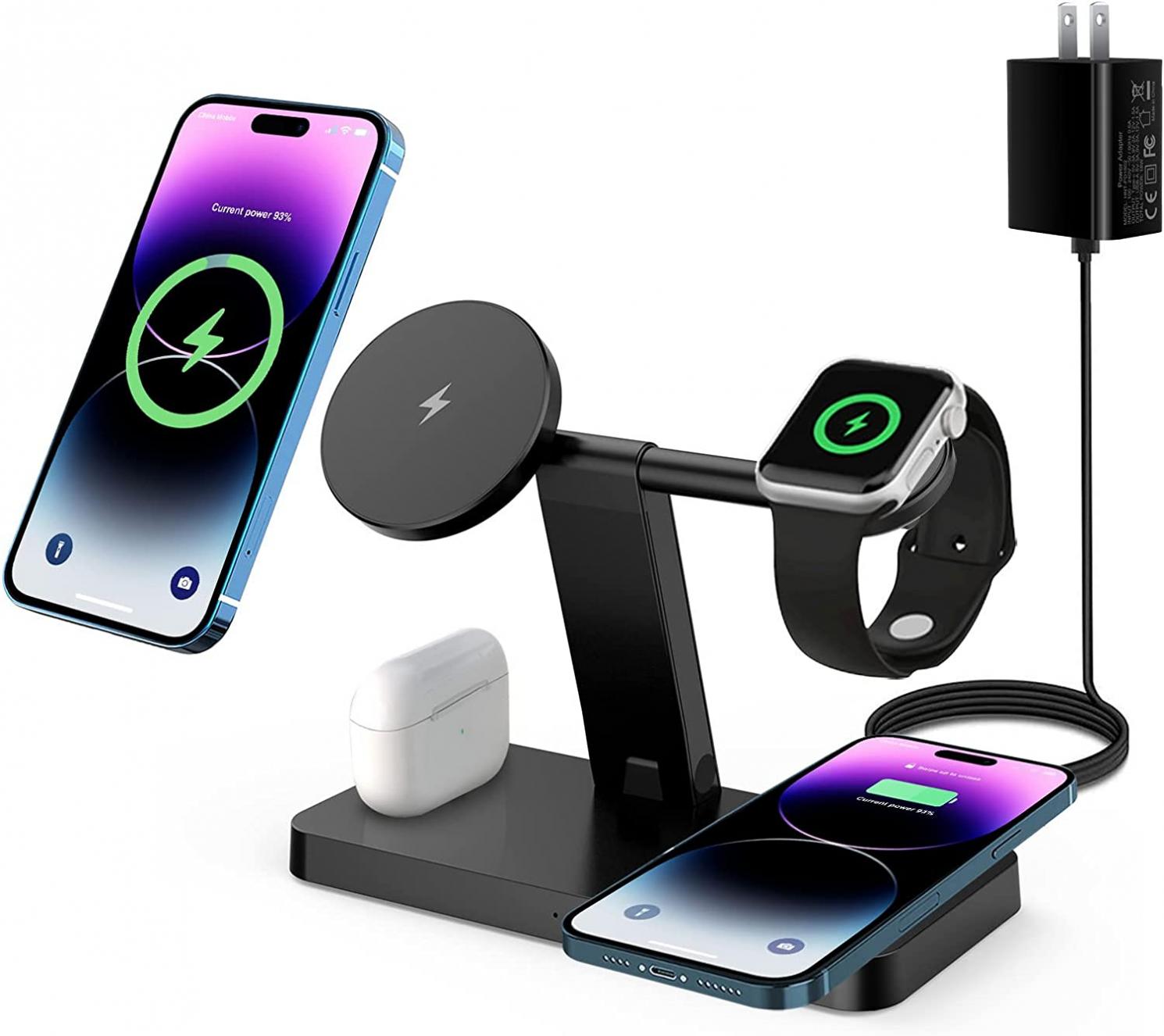 4 in 1 Magnetic Wireless Charger,15W Fast Wireless Charging Station for iPhone 13 14 12,Plus/Pro/Pro Max/Mini,Mag Safe Charger Stand for Apple Watch Ultra/SE,iWatch 8 7 6 5 4 3 and Airpods 3/2/1/Pro