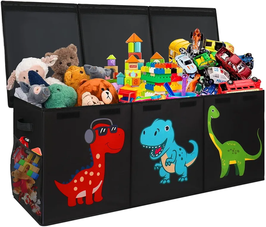 Extra Large Toy Box, Collapsible Sturdy Toy Storage Organizer with Lids, Dinosaur Toy Box for Boys Girls, 41"x14"x16" Kids Toy Chest Bin Box Baskets for Living Room, Playroom, Bedroom, Nursery, Black