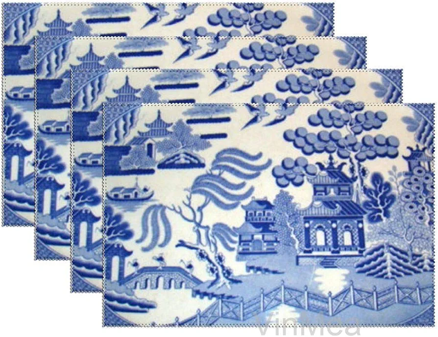 Canvas placemat Traditional 19Th Century Blue Willow China,Table Place Mat for Kitchen Dining Room,Home Kitchen Office, Set of 4 12X18 inches