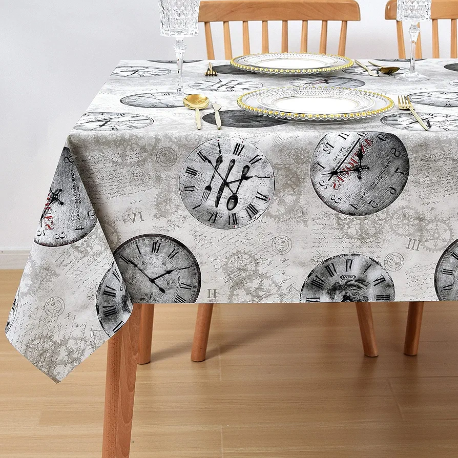 Vinyl Table Cloth Plastic Tablecloth, Wipeable Spillproof Oilcloth Table Covers, Waterproof PVC Rectangle/Oblong Camping Tablecloth for Dining Room, Buffet, Banquet, Parties, Dinner 7ft Grey Clock