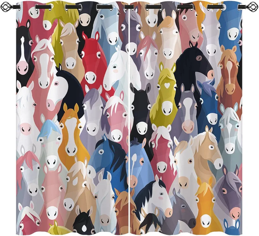 Horse Blackout Curtains for Girls Boy Home Decor, Animal Stallion Colourful Cartoon Horses Grommet Thermal Insulated Drapes Darkening Window Curtain for Bedroom Living Room, 42 x 45 Inch