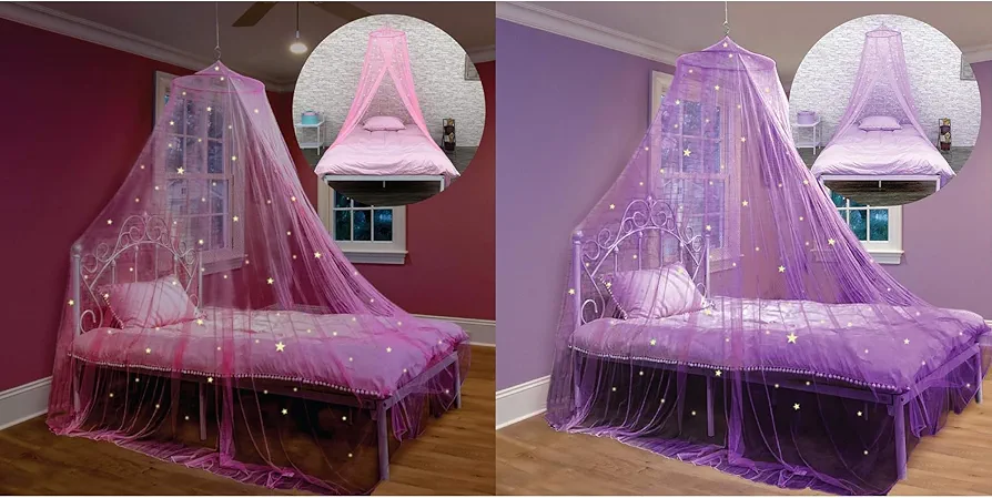 Bollepo Pink & Purple Bed Canopy for Girls with Glowing Stars - Princess Crib Netting Room Decor | Single, Twin, Full, Queen Size Kids Bed Curtains, Fire Retardant Fabric