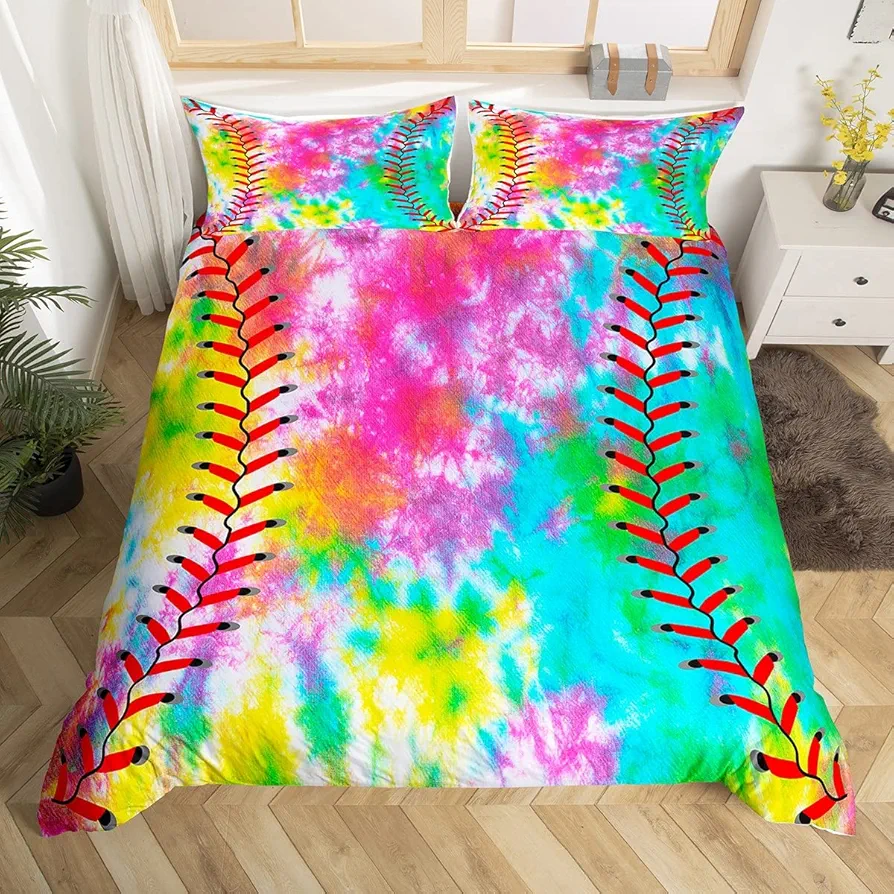 Kids Baseball Comforter Cover Boys Girls Softball Sports Game Bedding Set Girly Colorful Tie Dye Duvet Cover Teens Men Baseball Gaming Bedspread Cover Rainbow Room Decor Queen Size Quilt Cover 3Pcs