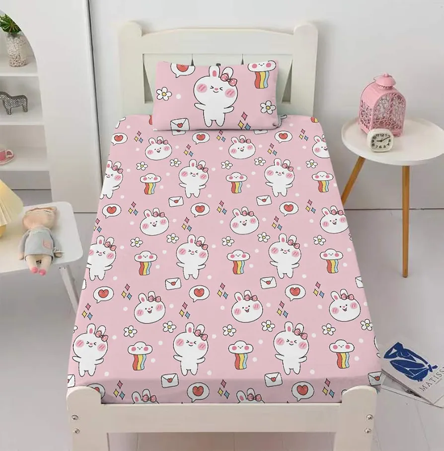 Girls Rabbit Fitted Sheet Set Twin Size Pink Cartoon Bunny Bedding Set for Kids Girl Flower Animal Rainbow Microfiber Bed Sheets Room Decor 3pcs (1 Deep Pocket +2 Pillowcases)