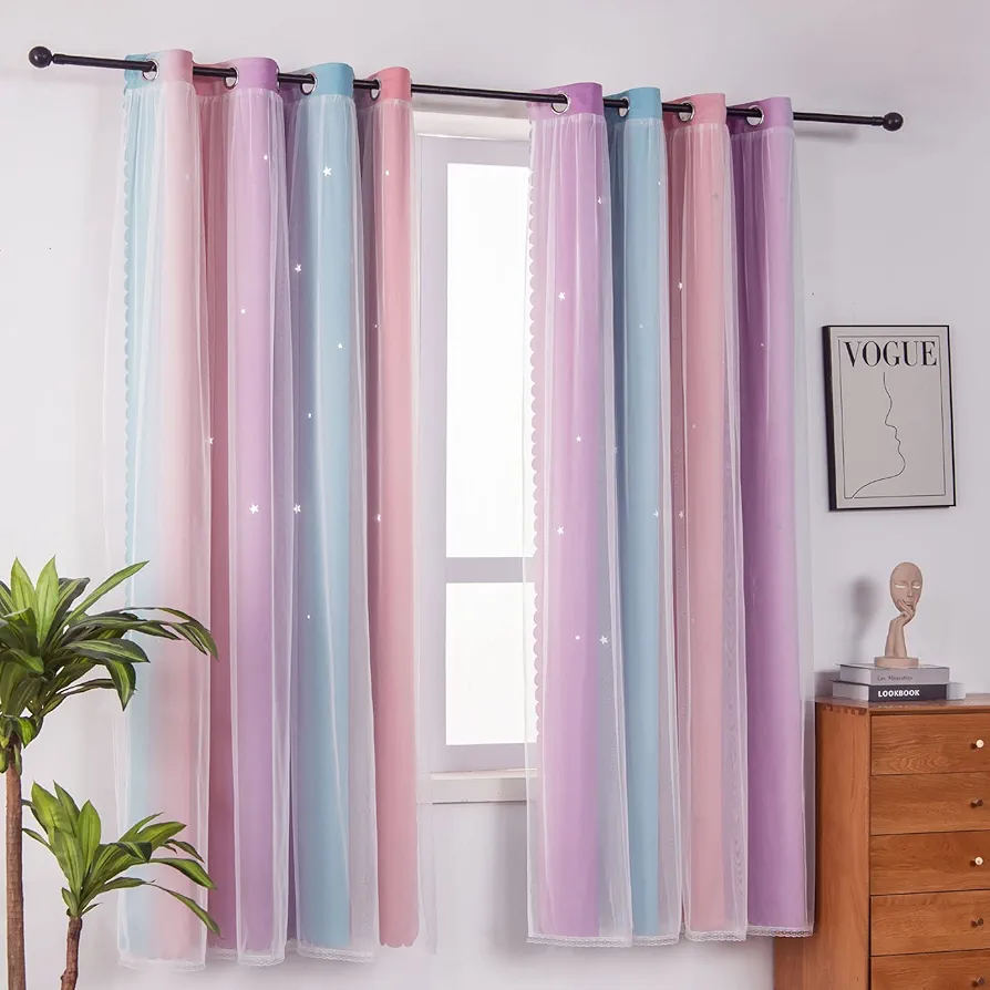 ZHUHAN Ombre Rainbow Blackout Curtains for Kid Girls Bedroom Living Room Darking Stripe Double Layer Star Cut Out Wall Home Decor Gradient Grommet Window Curtains （Pink Purple 52W x 95L