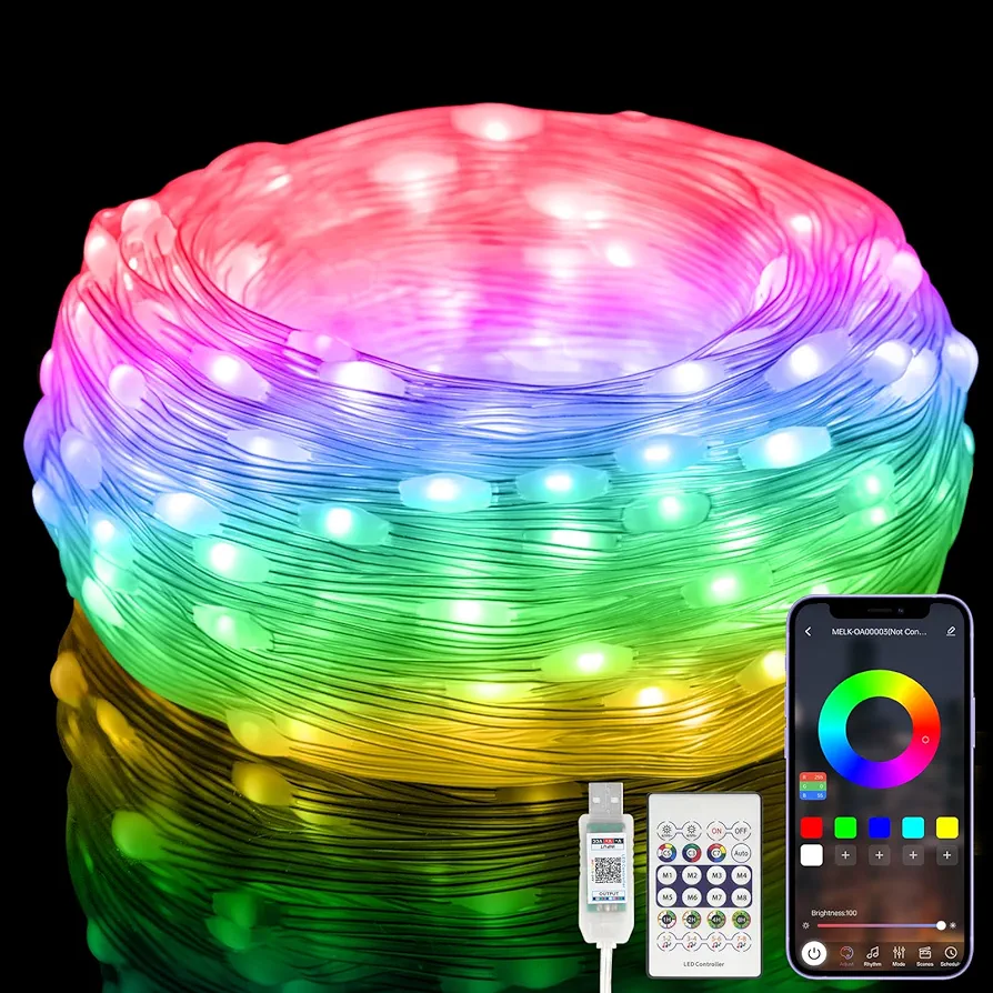 RGB-IC Smart String Lights 16FT/5M [APP & Remote Control], 50 LEDs Multicolor Fairy Lights, USB Powered & IP65 Waterproof, Music/Voice Sync, Fairy String Lights for Christmas, Wedding, Party