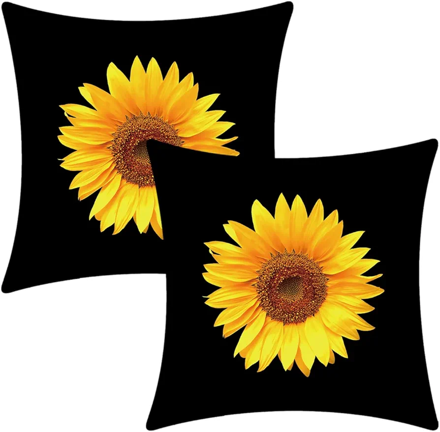 LOZACHE Home Decor Sunflower Pillow Covers Decorative Sunshine Black Throw Pillow Cases for Bedroom Living Room House Office Car Sofa Decoration, 18x18 inch, Set of 2