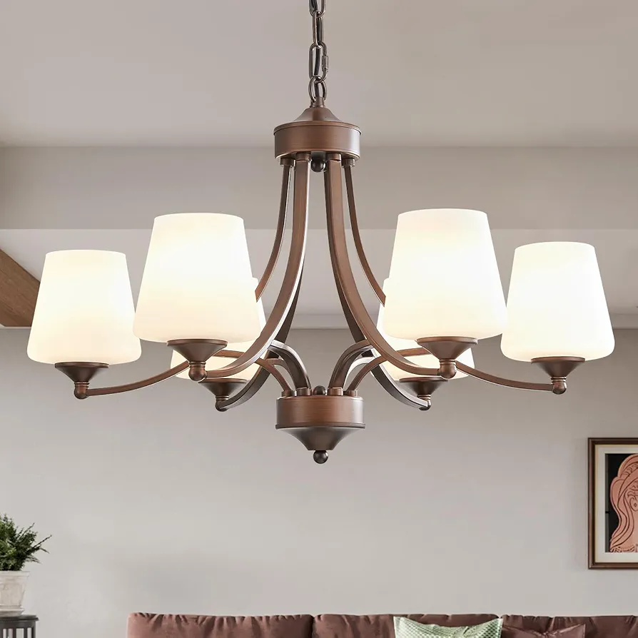 6-Light Farmhouse Chandelier Oil Rubbed Bronze Pendant Light Fixture with Frosted Glass, Rustic Ceiling Lighting Modern Hanging Lamp for Dining Room Living Room Bedroom, 47.2" Height Adjustable