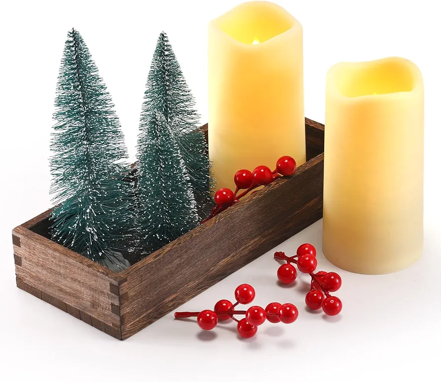 9 Pcs Christmas Centerpiece Arrangement Set, Rustic Wood Candle Tray with LED Candles Mini Christmas Tree Artificial Red Berry for Xmas Holiday Table Decorations Dining Room Craft