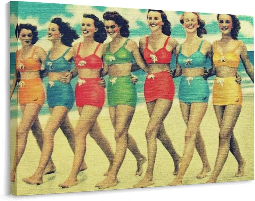 Posters Vintage Beach Photo of Woman in Retro Swimsuit on The Beach, Retro Swimsuit Wall Art Decor Canvas Wall Art Picture Office Family Bedroom Living Room Decor Aesthetic Gift 16x20inch(40x51cm)