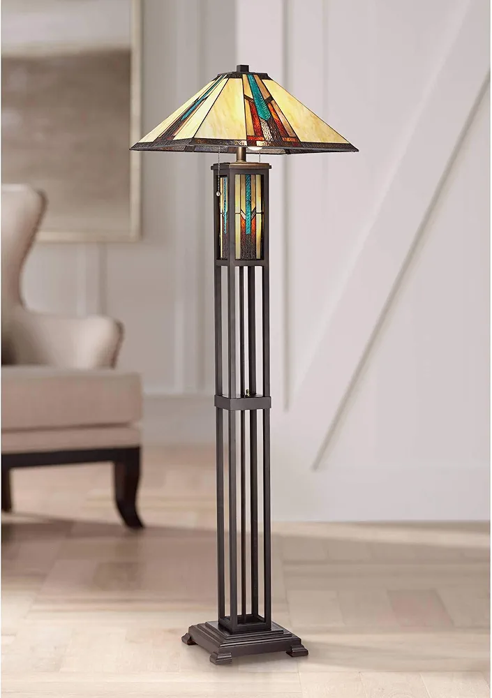 Robert Louis Tiffany Ranier Mission Tiffany Style Standing Floor Lamp with Night Light LED 59.5" Tall Bronze Copper Multicolored Stained Art Glass Shade Decor for Living Room Reading House Bedroom