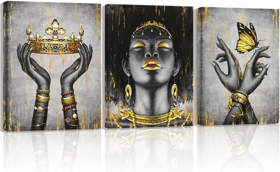 Welmeco African American Cavnas Wall Art Elegant Black Woman with Gold Necklace Crown Butterfly Painting Fashion Charming Woman Poster Picture Framed and Stretched for Girl Gift Bedroom Living Room