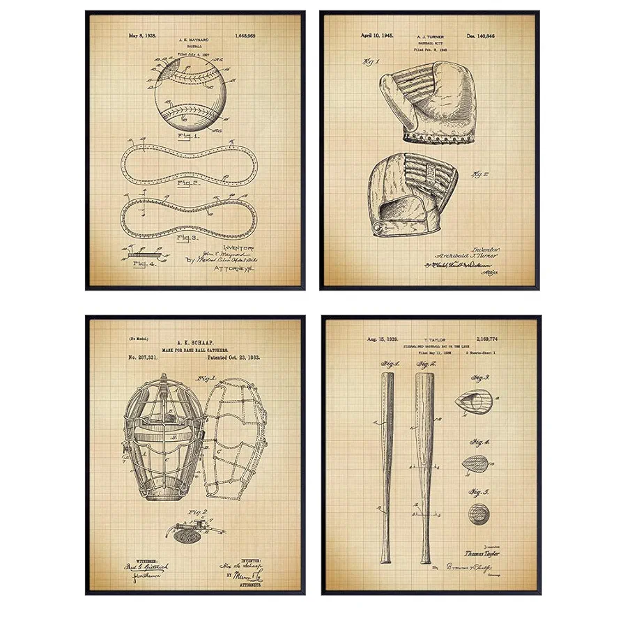 Baseball Patent Art Prints - Vintage Retro Wall Art Poster Set - Chic Contemporary Home Decor for Boys, Teens, Game, Kids Room, Den, Office - Great Gift for Men, Boys - Four 8x10 Photos - Unframed