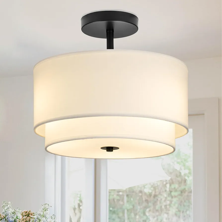 3-Light Semi Flush Mount Ceiling Light Fixture,12.6inch Modern Close to Ceiling Light with 2-Layer White Drum Fabric Shade,Entryway Light Fixture Ceiling Mount Lamps for Bedroom Dining Room