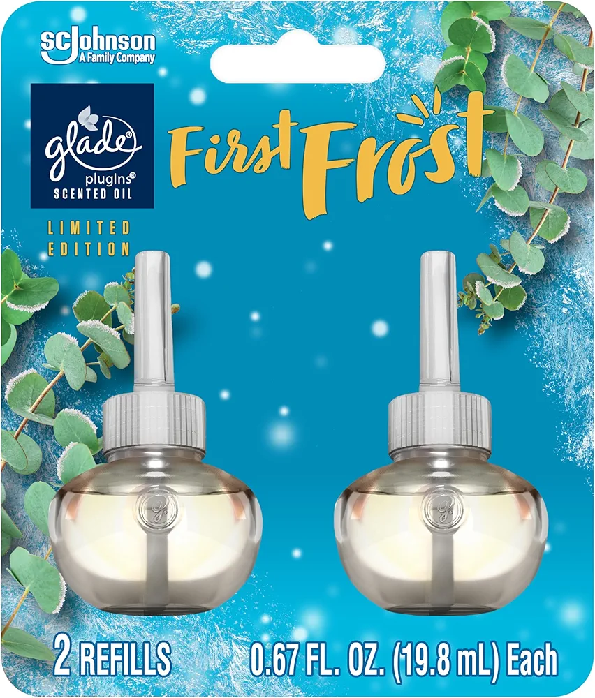 Glade PlugIns Refills Air Freshener, Scented and Essential Oils for Home and Bathroom, First Frost, Limited Edition Scent, 1.34 Fl Oz, 2 Count