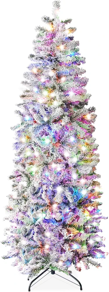 Best Choice Products 7.5ft Pencil Christmas Tree Pre-Lit Artificial Snow Flocked Slim Skinny Christmas Tree Holiday Decoration w/ 350 2-in-1 Multicolor Lights, 9 Light Functions