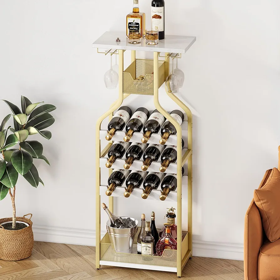 IDEALHOUSE Metal Wine Rack Wine Bottle Holders Stands Freestanding Floor, Mini Rack Table Wine Storage Organizer with Glass Holder Wood Tabletop for Bar Kitchen Dining Living Room (Gold)