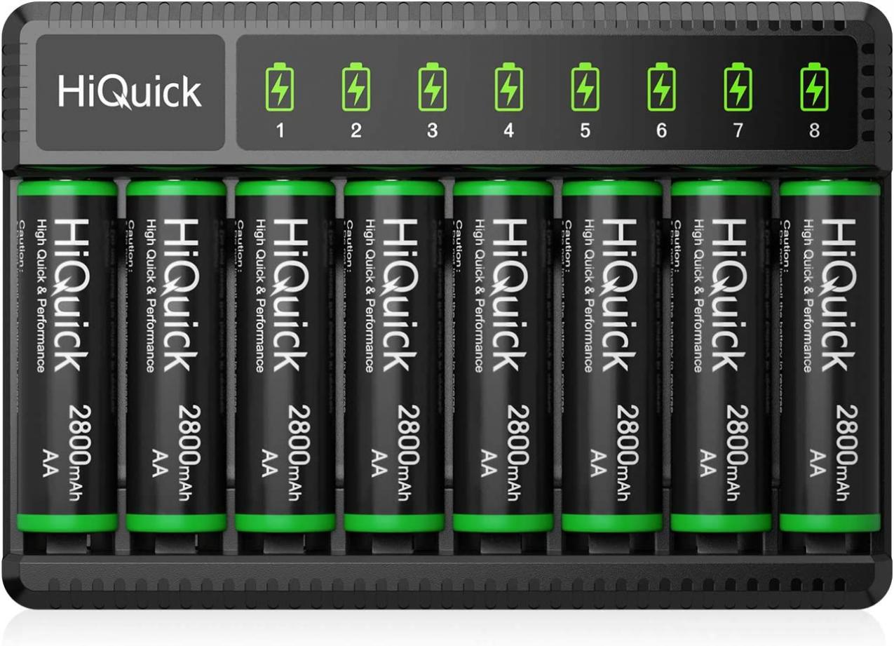 HiQuick 2800mAh Pre-Charged AA Rechargeable Batteries (8 Pack) and 8-Bay Fast Charging AA AAA Battery Charger for NIMH NiCd Rechargeable Batteries