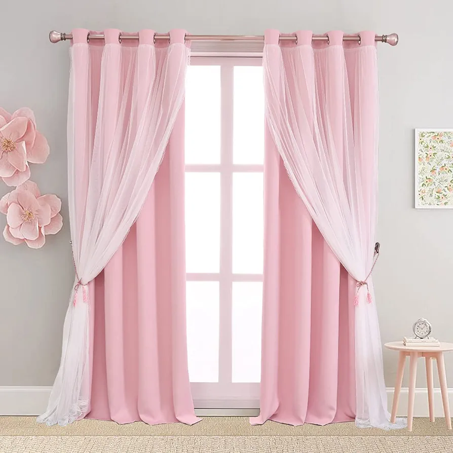 Pink Blackout Curtains 84 inch Length - Double Layers Princess Girls Curtains & Draperies Panels for Kids Bedroom Living Room Nursery Pink Lace Hem Room Darkening Curtains, 2 PCs