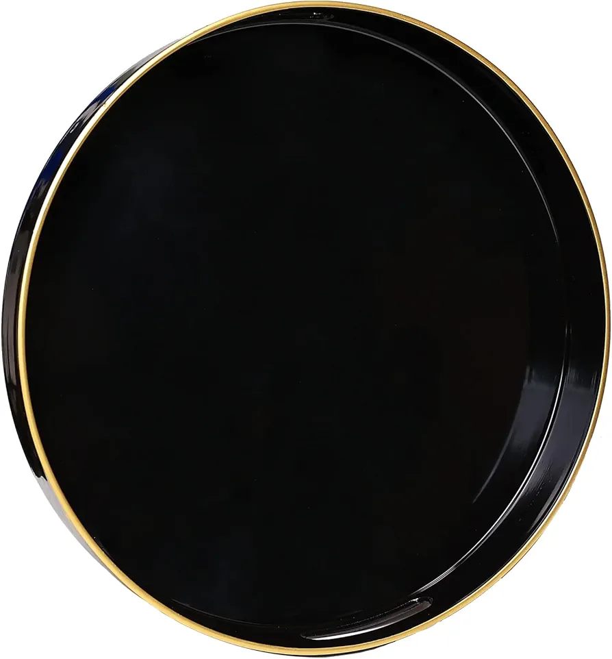 Round Black Decorative Tray, 13" Plastic Serving Table Tray with Handles for Breakfast, Round Modern Ottoman Tray for Coffee Table, Bathroom, Kitchen, Living Room