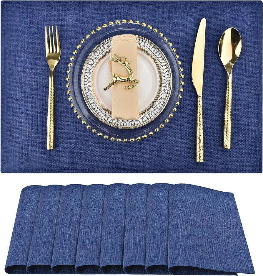 Navy Blue Cloth Placemats Set of 8 - Double Thickened Easy to Clean Linen Style Fabric Placemats - Machine Washable Placemats - Heat Resistant Non-slip Table Mats (Navy Blue, 8)