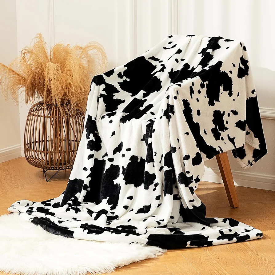 Cow Print Blanket, Fuzzy Throw Blanket for Chair,Couch,Sofa,Bed,Fluffy Shaggy Double-Sided Printing Flannel Cow Blanket for Adults Kids Boys Teens 50" x 60" Black