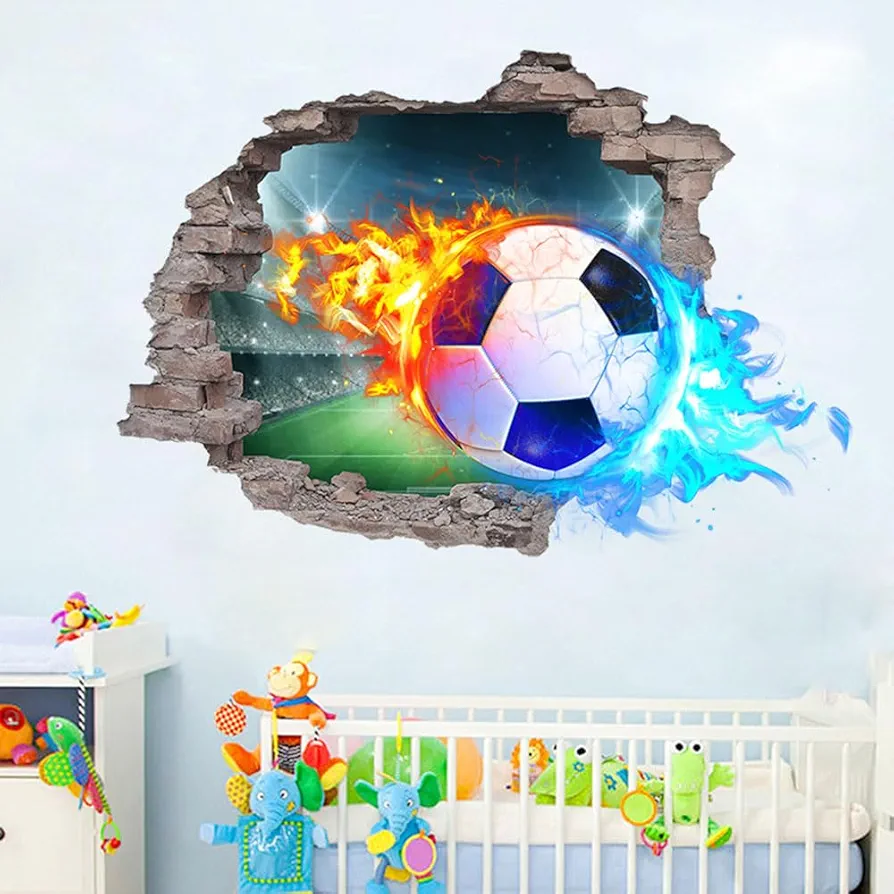 3D Soccer Wall Stickers Removable Soccer Wall Decals for Boys Break Through The Wall Vinyl Football Soccer Wall Stickers Murals Vinyls Decals for Teenager Room Playroom Decor (T0206)