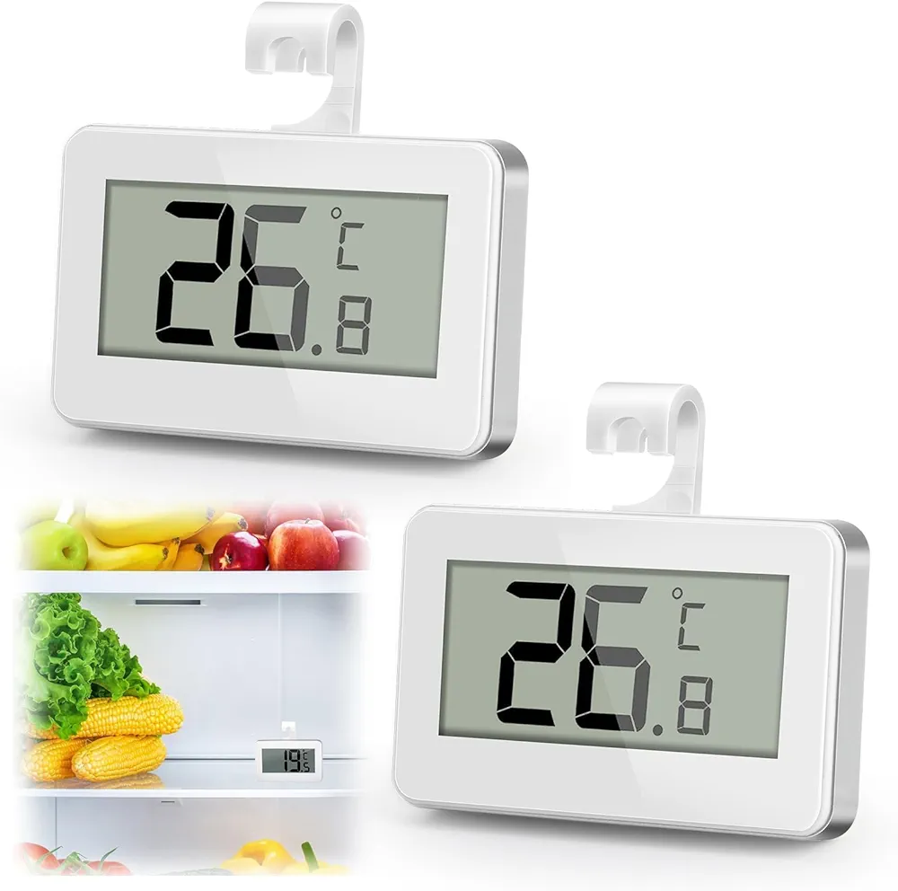 2 Pack Mini Digital Fridge Thermometer, High Precision Frost Alarm Freezer Room Thermometer with Hook, Magnetic Large LCD Display Fridge Thermometer ℃/℉ Convertible for Refrigerator RV