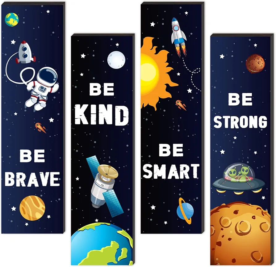 4 Pieces Space Decor Wooden Hanging Wall Plaques, Outer Space Theme Room Wall Art Decor, Boys Bedroom Decor Space Motivational Quote for Baby Kids Classroom Nursery