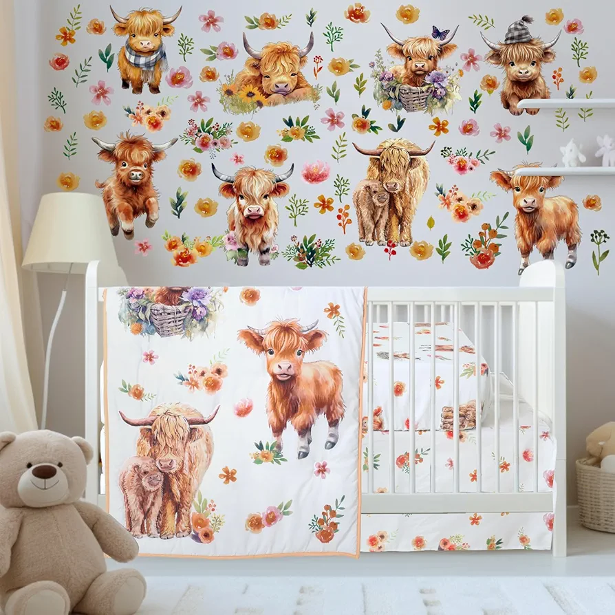 5 Pcs Highland Cow Crib Bedding Set and Baby Room Wall Decals Baby Nursery Mini Comforter Sets Gender Neutral Crib Fitted Sheet, Comforter, Crib Skirt, Changing Pad Cover for Boys and Girls