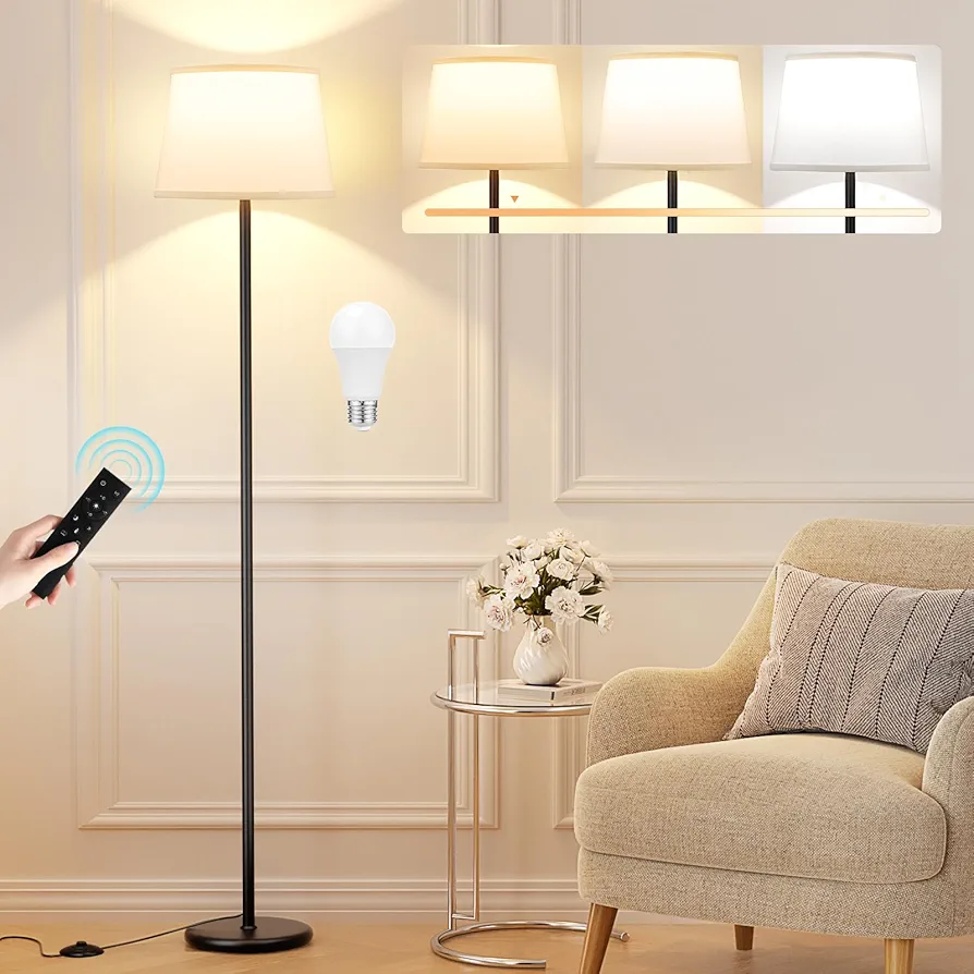 【Upgraded】 Floor Lamps for Living Room, Modern Floor Lamp with Remote Control, Dimmable Colors Temperature Standing Lamp Foot Switch, Tall Lamps for Bedroom Office Kid Room(9W LED Bulb)