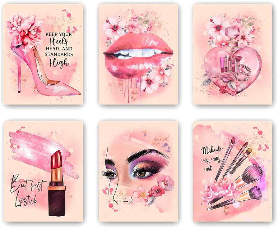 DXOAGXQ Fashion Makeup Art,Fashion Woman Picture Wall Decor Paintings,Makeup Room Canvas Wall Art,Watercolor Perfume High Heels Lipstick Beauty Room Decor Pictures Arts,Set of 6(8x10in,UNFRAMED