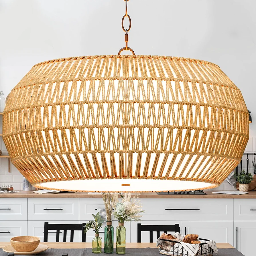 Large Fabric Basket Rattan Chandeliers For Dining Room,Woven Kitchen Lighting Fixtures Ceiling Hanging,5-Lights Coastal Boho Pendant Light Fixture,Rustic Wicker Dinning Chandelier Over Table