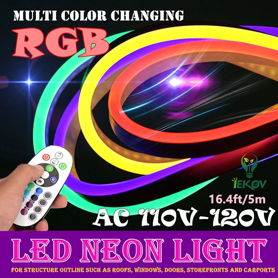 LED NEON LIGHT, AC 110-120V Flexible RGB LED Neon Light Strip, 60 LEDs/M, Waterproof, Multi Color Changing 5050 SMD LED Rope Light + Remote Controller for Home Decoration (16.4ft/5m)