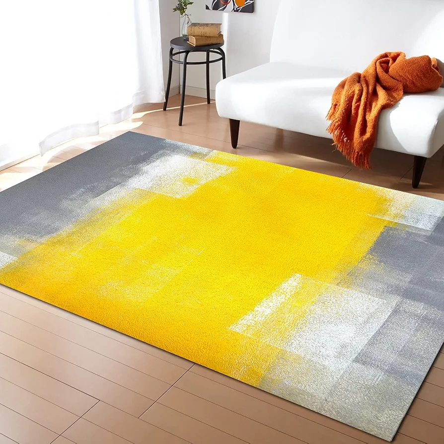 Contemporary Non-Slip Area Rug Grey and Yellow Abstract Art Texute Printed Rugs Art Carnival Rubber Backing Living Room Floor Mats Rectangle Area Rug Carpet for Indoor 2'x3'