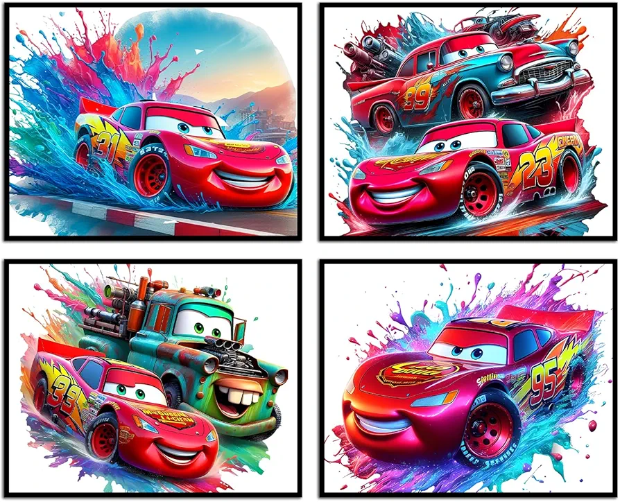 Cars Movie Posters for Boys Room Decor Unframed Set of 4 (8 x 10 Inch) Cars Watercolor Prints Cars Bedroom Decor Boys Cars Kids Room Wall Decor