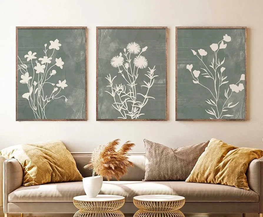 NATVVA 3 Pieces Wild Flowers Canvas Painting Print Abstract Sage Green Botanical Poster Wall Art Gift Artwork For Living Room Bedroom Farmhouse Decor With Inner Frame