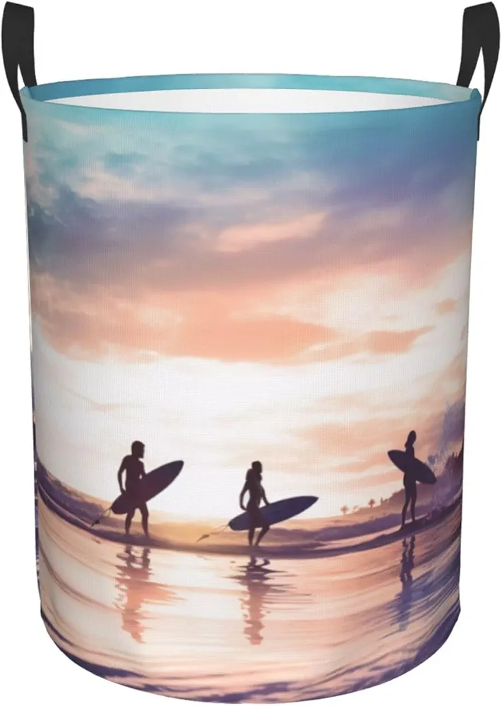 Laundry Baskets with Handles Waterproof Small inches Storage Basket, Collapsible Laundry Hampers, Laundry Room Organization & Apartment Essentials - Silhouette of Surfer People