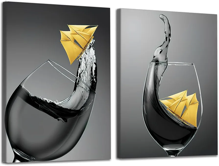 Wine Glass Wall Art Kitchen Wall Art Black White Yellow Pictures Kitchen Painting Wine Glass Pictures Wall Decor Boat Canvas Art Black White Artwork for Dining Room 16x24 inch Set of 2 Frameless