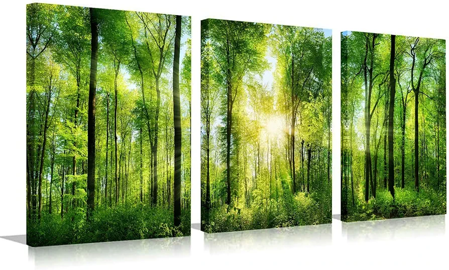 Forest Art Canvas Wall Decor: 3 Panel Nature Wall Art Landscape Paintings Framed Trees Green Pictures Sunrise Scenery Wall Decor for Living Room Bedroom Office Bathroom 12 x 16 Inch