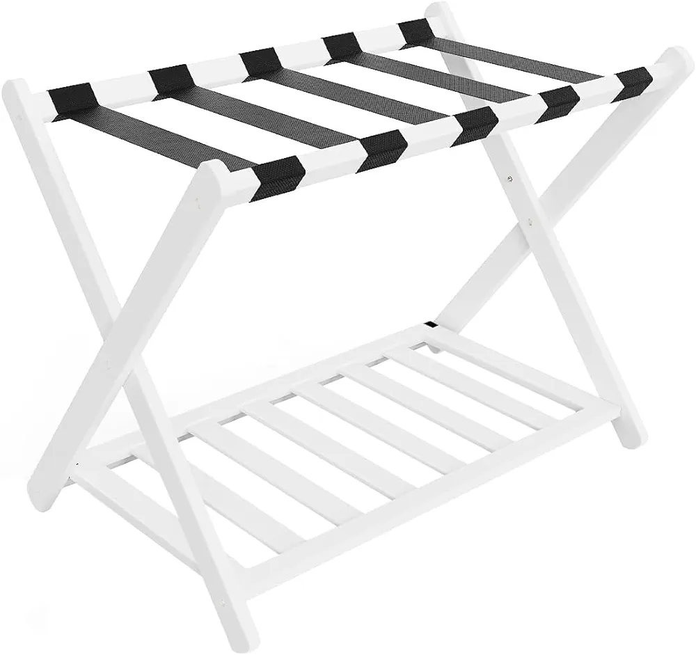 Luggage Racks, Folding Luggage Rack for Guest Room, Bamboo Suitcase Stand with Unique Magnetic Locking, Luggage Stand with Storage Shelf for Hotel, Bedroom, Guest Room, White, WT01XLG1