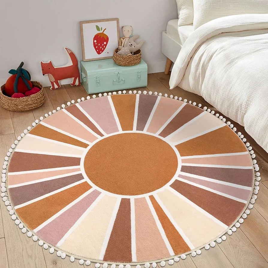 Topotdor Boho Round Area Rug 4ft Sun Rainbow Nursery Rugs for Kids Room, Washable Ultra Soft Circle Area Rug with Pom Poms, Non-Slip Accent Throw Rugs for Bedroom Entryway Living Room Decor