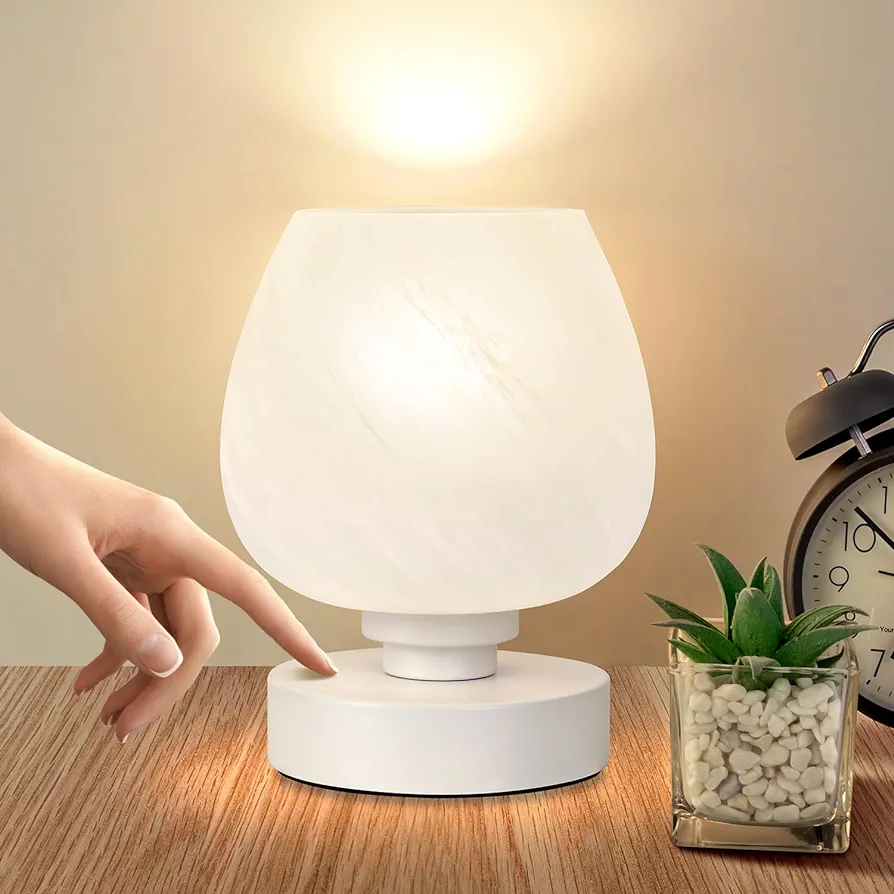 Touch Bedside Table Lamp - Modern Small Lamp for Bedroom Nightstand, 3 Way Dimmable Desk lamps with White Opal Glass Shade, Night Light for Room Decor, Simple Design Gifts(Warm White Bulb Included)