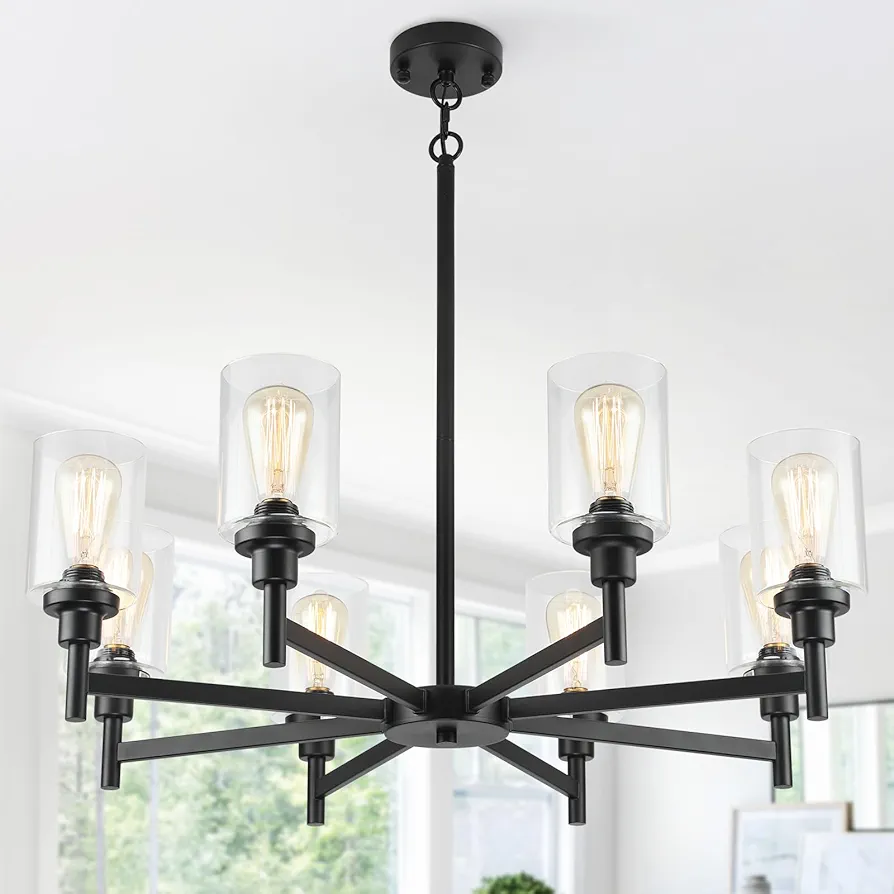 Black Chandeliers for Dining Room Light Fixture, Modern Farmhouse Chandeliers, 8 Lights with Clear Glass Shade Industrial Chandelier for Living Room Kitchen Island