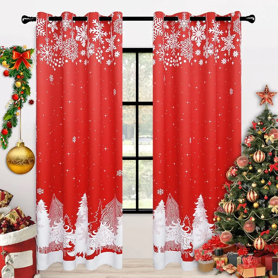 Christmas Curtains -84 Inch Long Blackout Christmas Curtains, White Snowflake Tree Design for Living Room and Bedroom, Red Christmas Tree Curtains, Set of 2, 52 x 84 inches