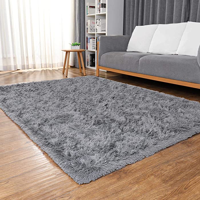 Ophanie Machine Washable Rugs for Bedroom, Fluffy Grey Shaggy Soft Area Rug, Non-Slip Indoor Floor Carpet for Living Room, Kids Baby Boys Teen Dorm Home Decor Aesthetic, Nursery, 4 x 5.3 Feet Gray