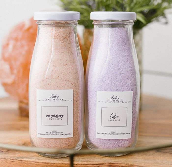 Invigorating & Calming Bath Salt Set. Enjoy Sweet Orange Himalayan Pink Soaking Salt & Lavender Epsom Salt. in Glass Bottles & Made in USA.