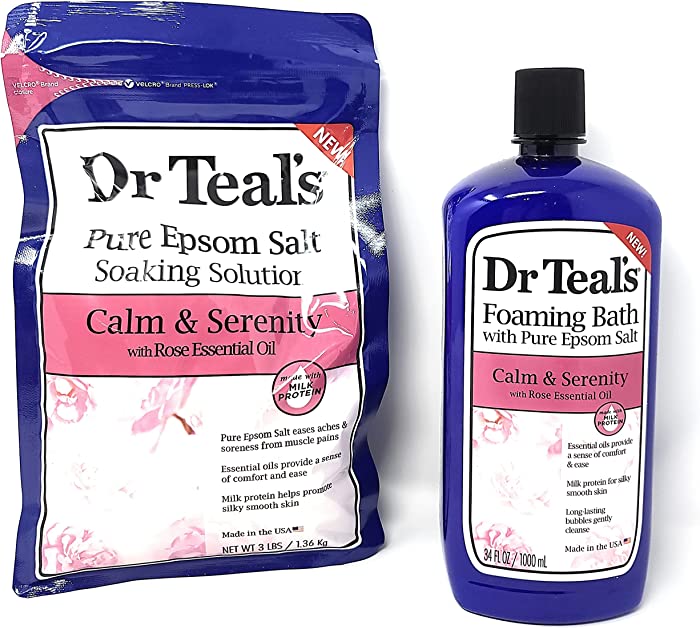 Bundle of Dr Teals Calm & Serenity with Rose Essential Oil (Made with Milk Protein): Pure Epsom Salt Soaking Solution 3 LBS & Foaming Bath 34 FL OZ