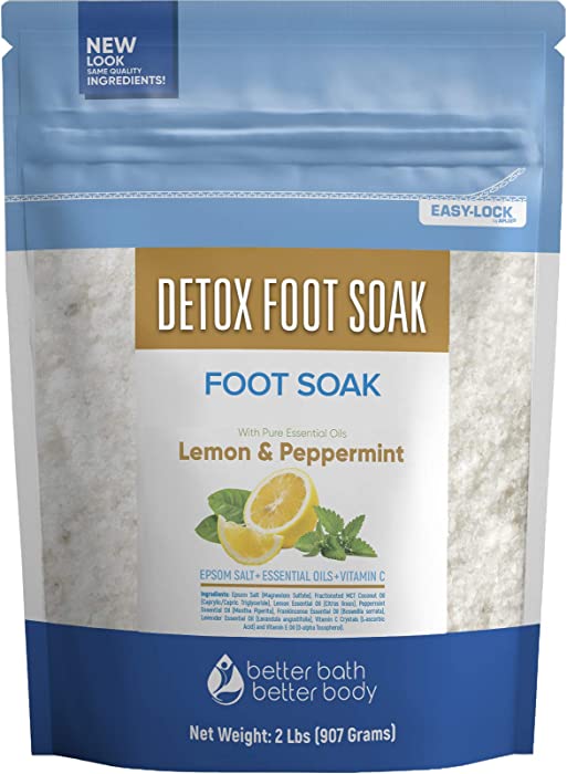 Detox Foot Soak 32 Ounces Epsom Salt with Natural Lemon, Peppermint, Lavender and Frankincense Essential Oils Plus Vitamin C in BPA Free Pouch with Easy Press-Lock Seal