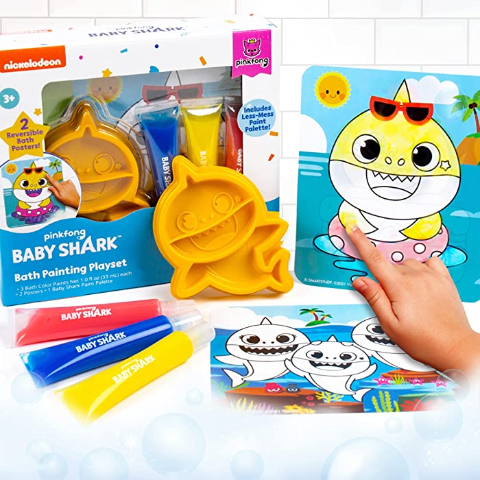 Baby Shark Bath Painting Playset, Dissolvable Finger Painting Bath Paints + Reusable Poster, Great Travel-Friendly Bath Toys & Bedtime Routine, Bath Art Kit for Toddlers & Kids Ages 3, 4, 5, 6